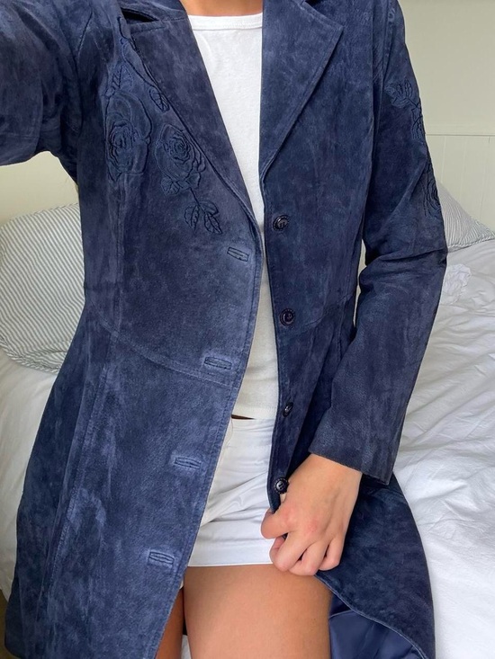 Jackets & Blazers - Women's Navy Suede Long Coat with Embroidered Detail